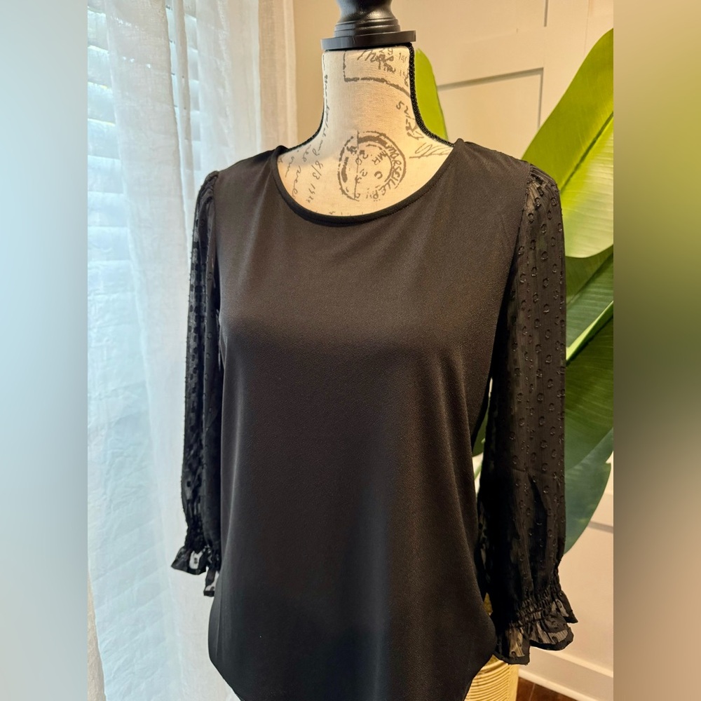 NWT ❤️ ADRIANNA PAPELL black top with sheer sleeves, size Med